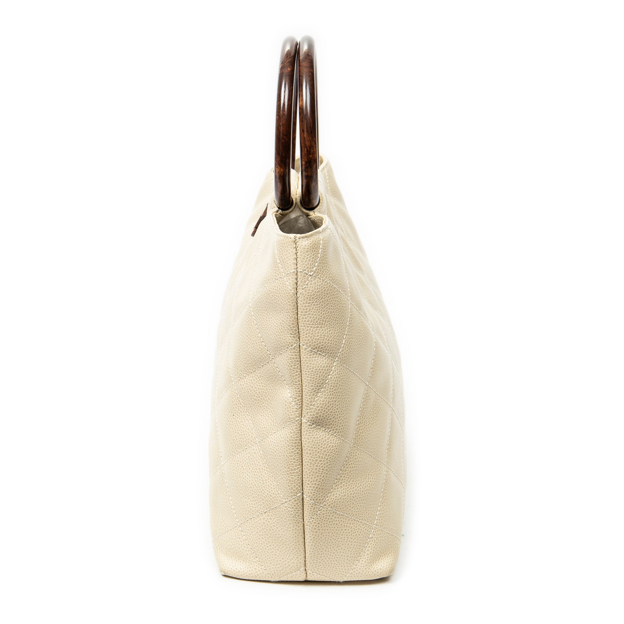 Handbag CC Wood Handle Tote Ivory Quilted Caviar Leather