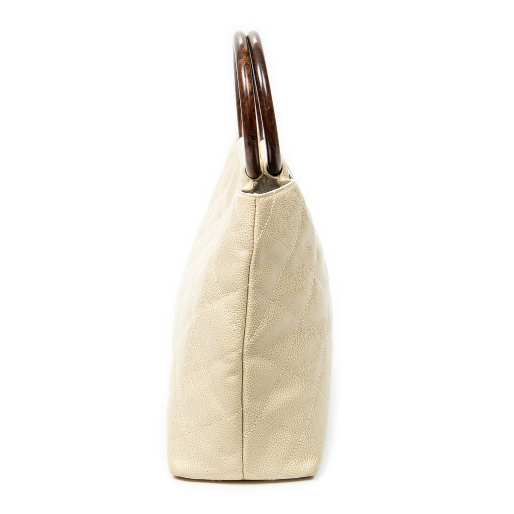 Handbag CC Wood Handle Tote Ivory Quilted Caviar Leather
