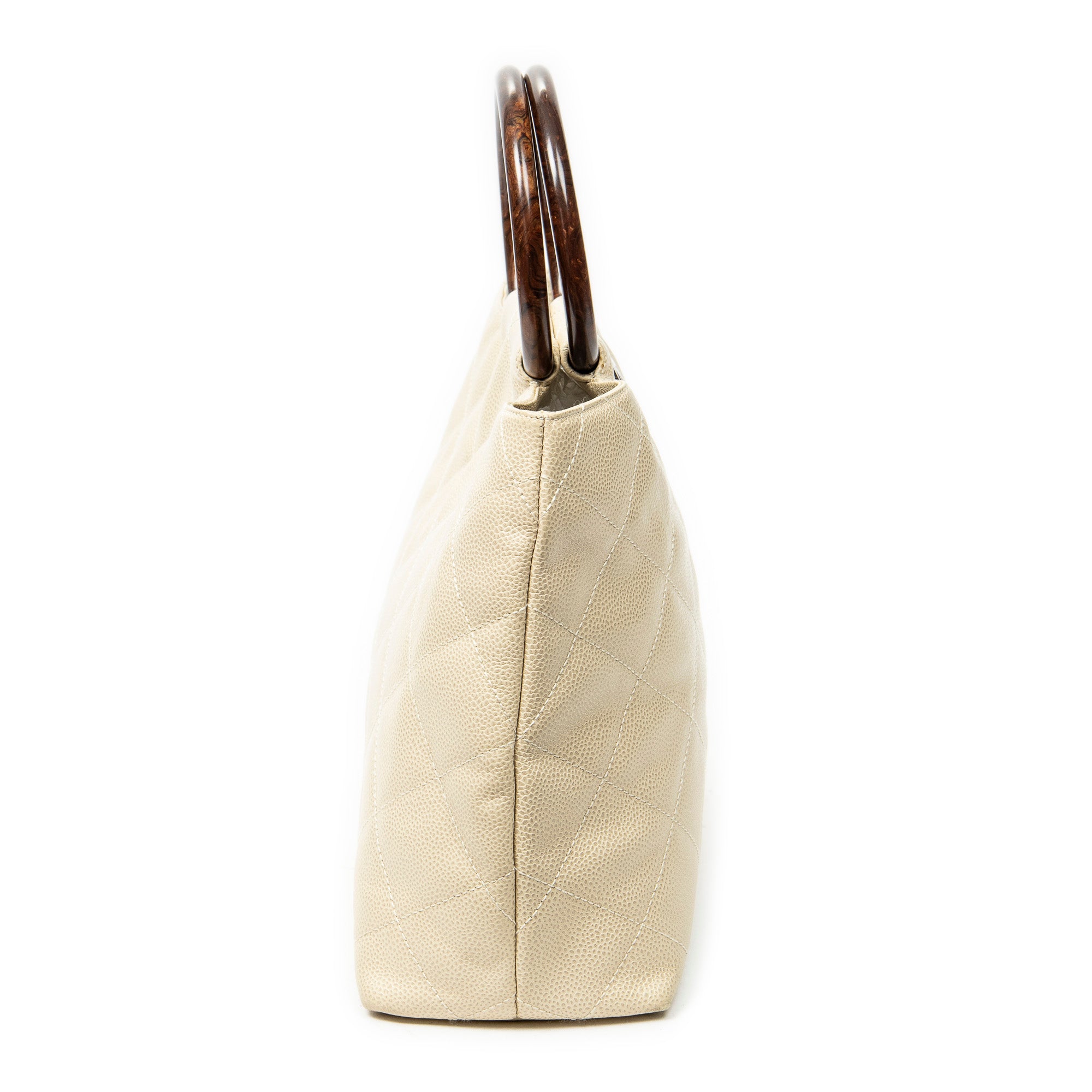 Handbag CC Wood Handle Tote Ivory Quilted Caviar Leather