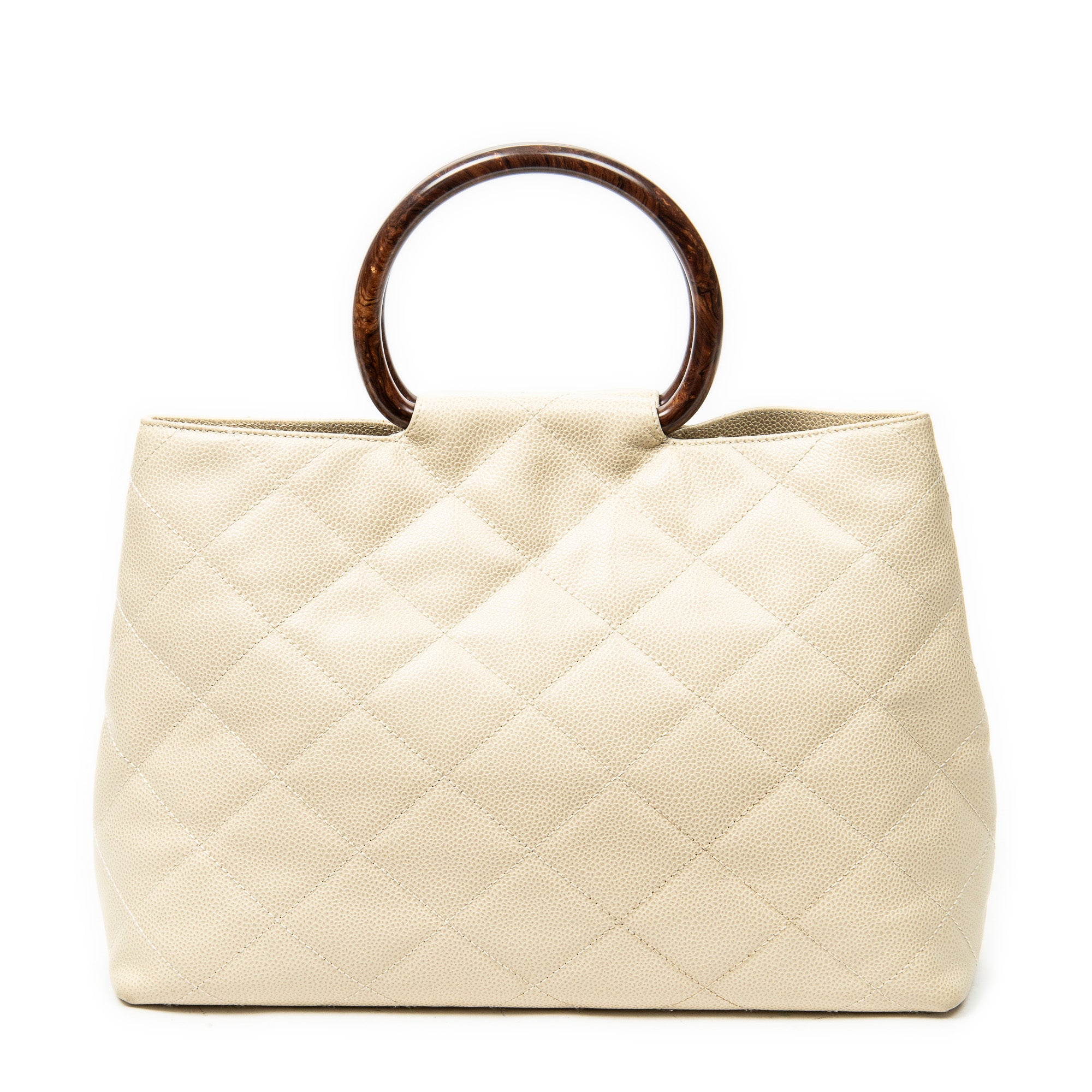 Handbag CC Wood Handle Tote Ivory Quilted Caviar Leather