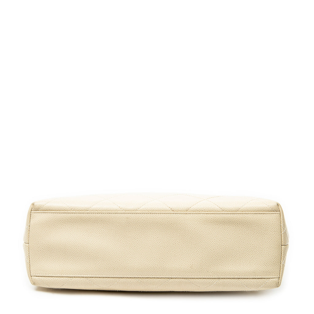 Handbag CC Wood Handle Tote Ivory Quilted Caviar Leather
