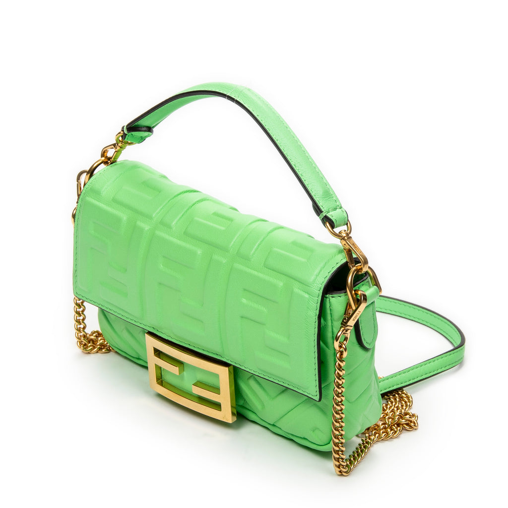Shoulder Bag Mini Baguette Crossbody Green Zucca Embossed Leather