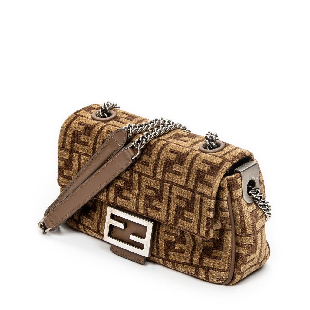 Shoulder Bag Midi Baguette Chain Crossbody Brown Zucca Velvet Canvas