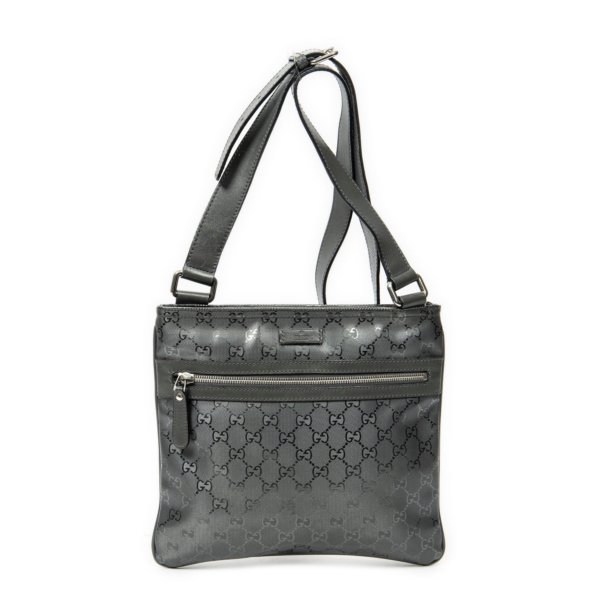 Shoulder Bag Square Front Zip Crossbody Grey Guccissima Imprint Coated Canvas