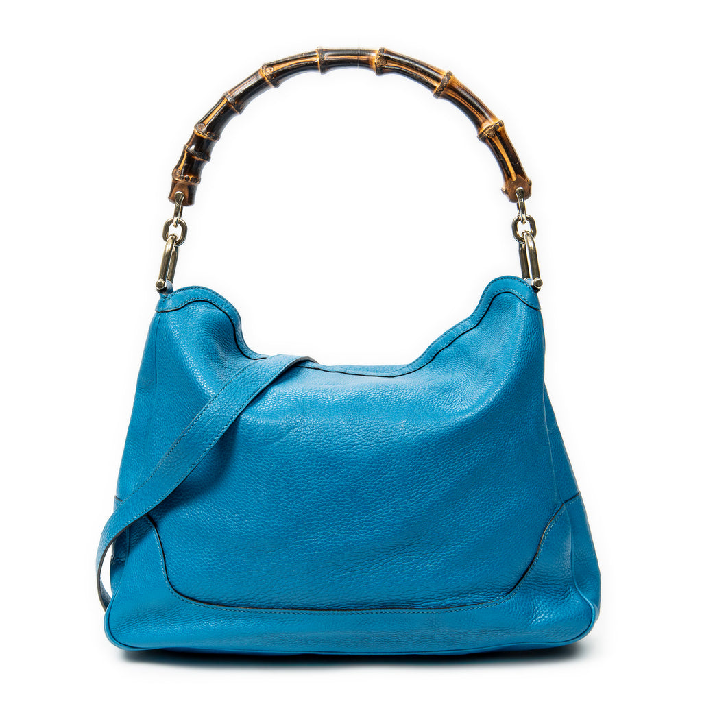 Shoulder Bag Medium Diana Bamboo Hobo Blue Grained Calfskin Leather