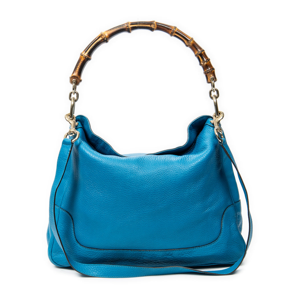 Shoulder Bag Medium Diana Bamboo Hobo Blue Grained Calfskin Leather