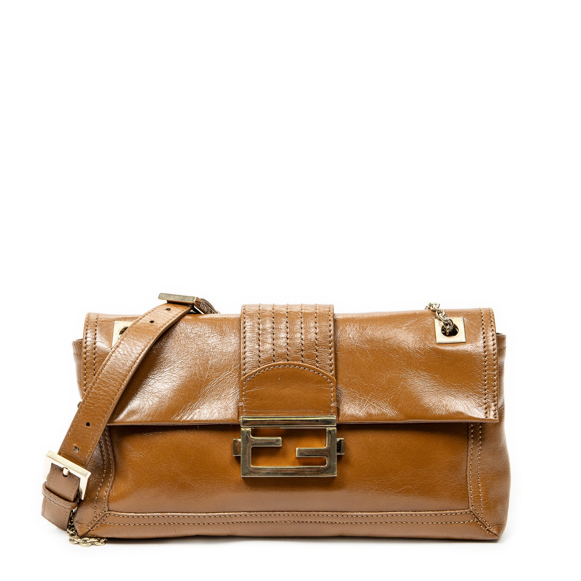 Shoulder Bag Baguette Chain Flap Tan Calfskin Leather