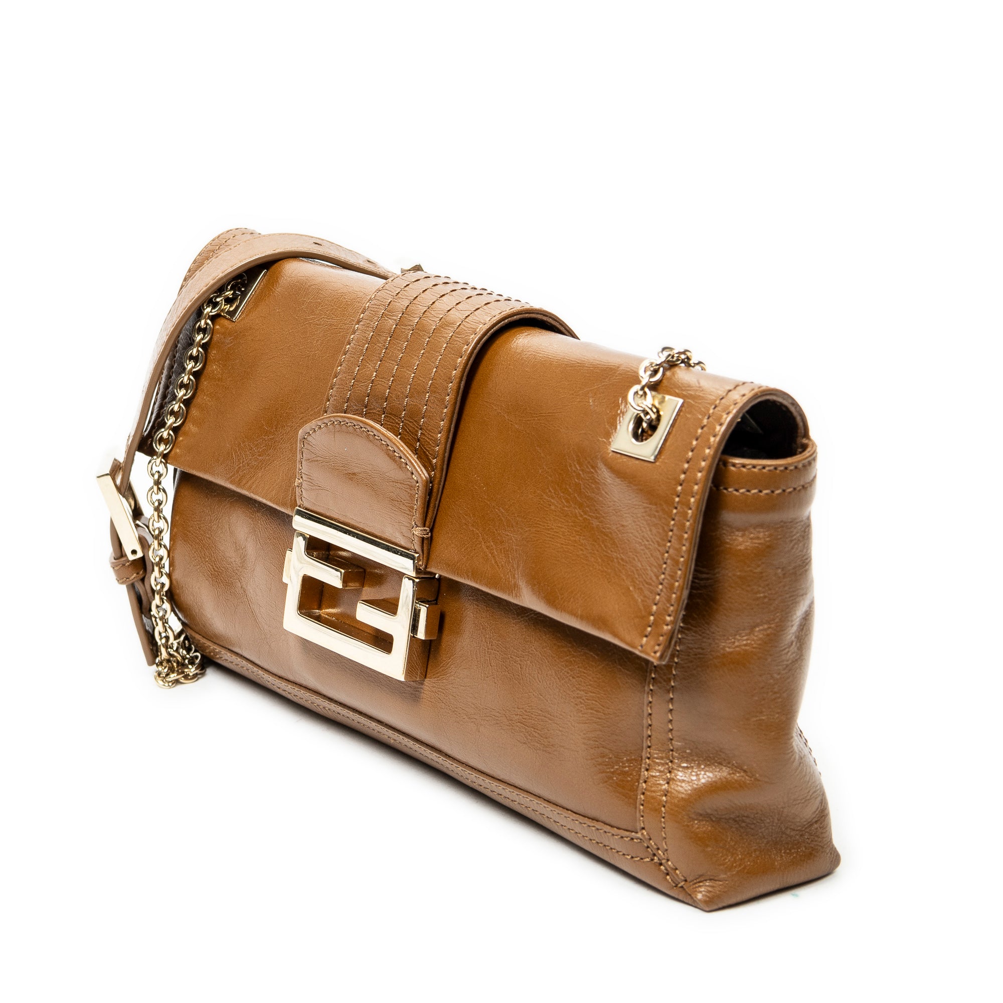 Shoulder Bag Baguette Chain Flap Tan Calfskin Leather
