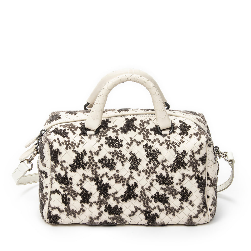 Handbag Velvet Bouquet Boston White Intrecciato Leather