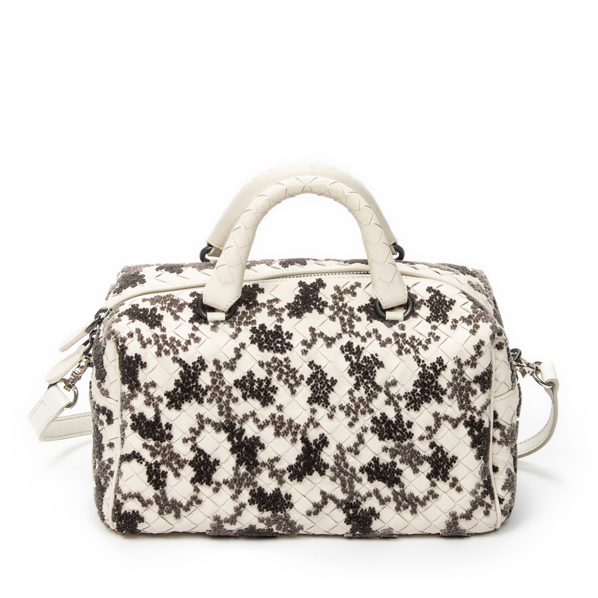 Handbag Velvet Bouquet Boston White Intrecciato Leather