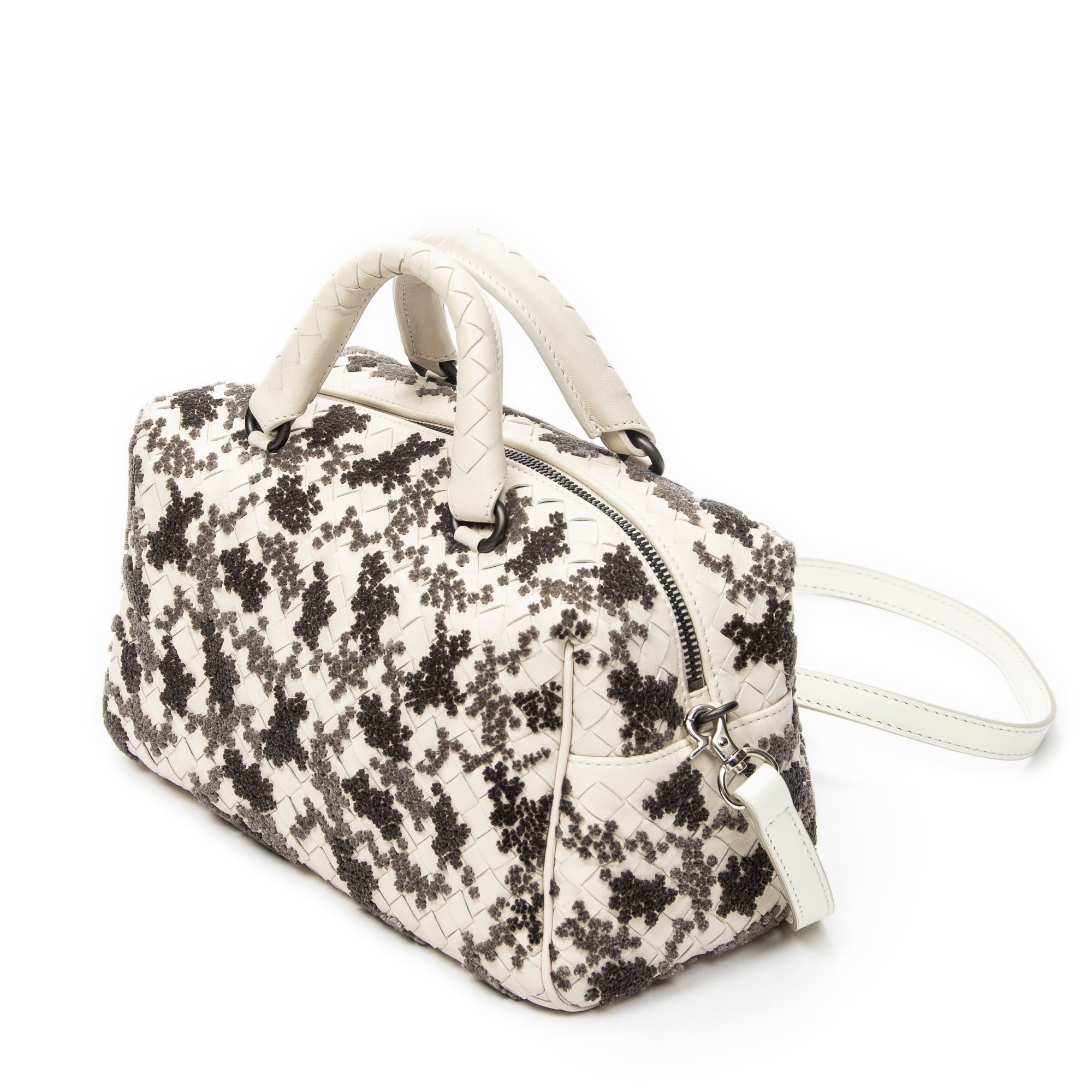 Handbag Velvet Bouquet Boston White Intrecciato Leather