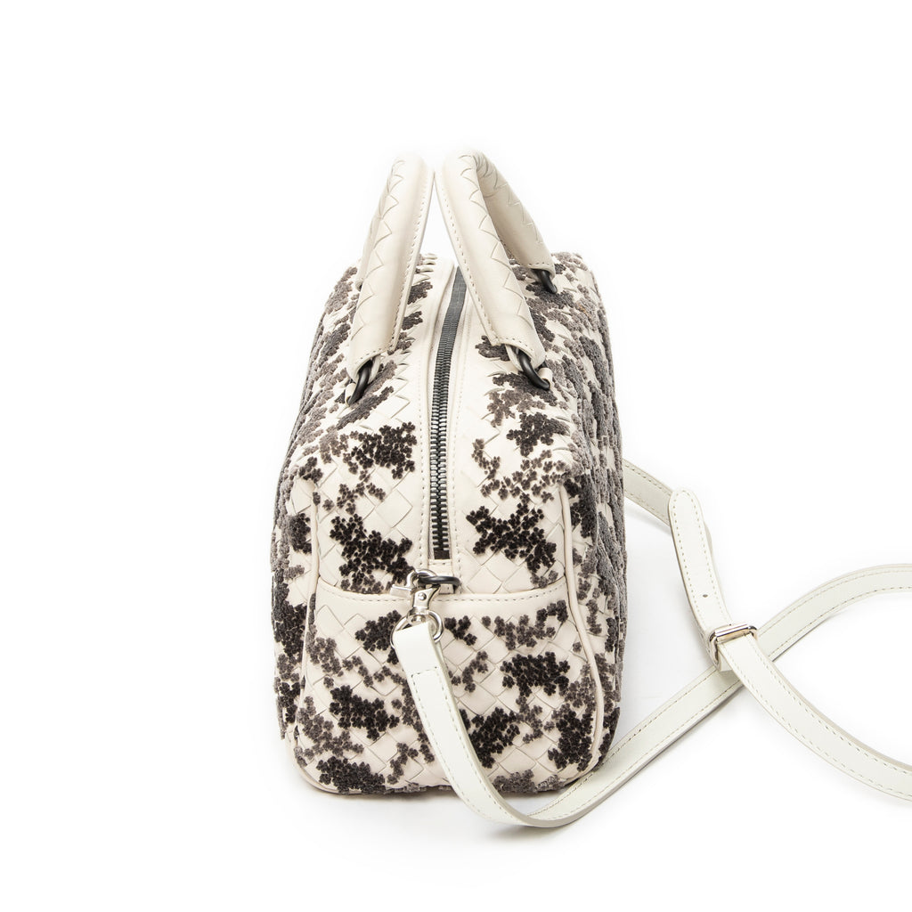Handbag Velvet Bouquet Boston White Intrecciato Leather