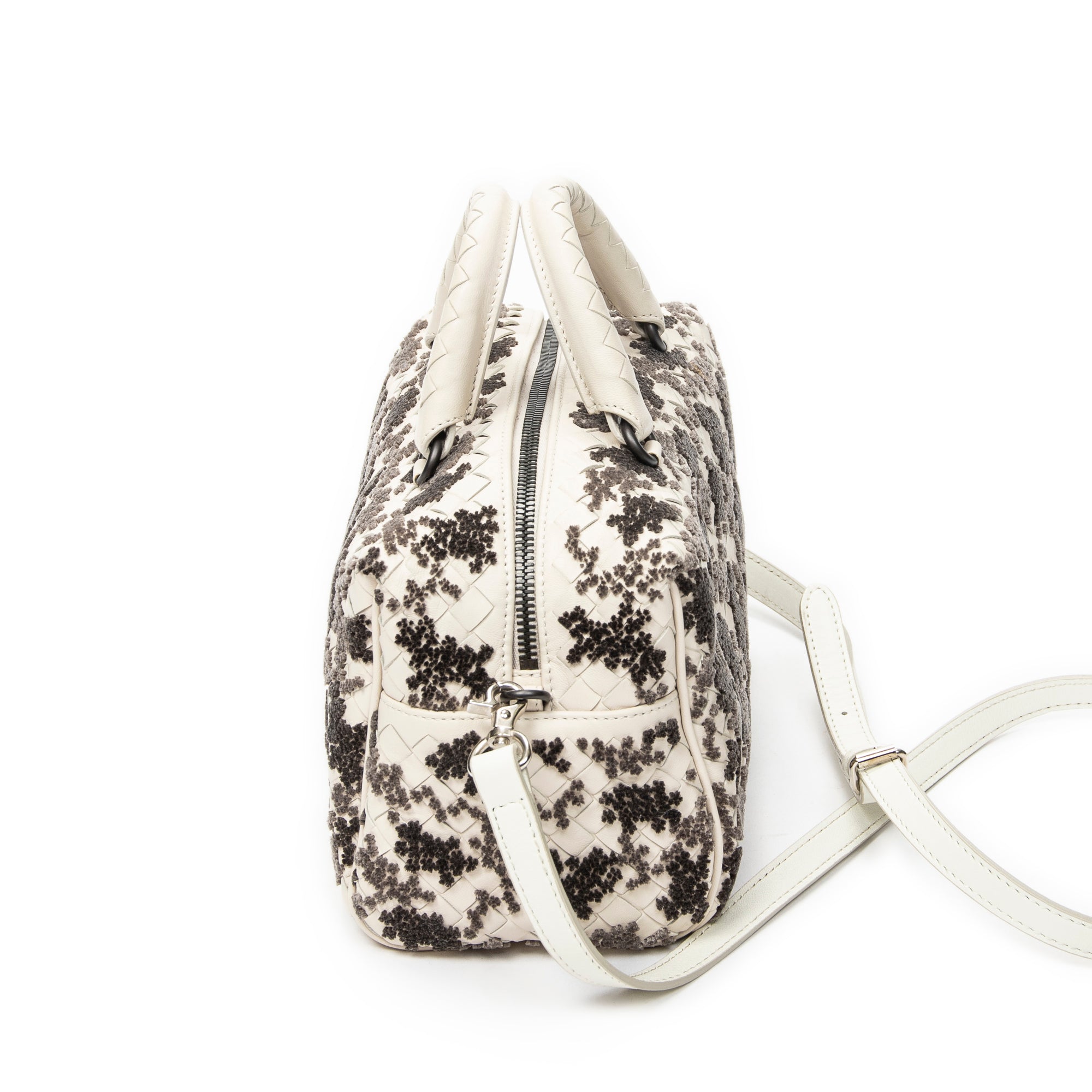 Handbag Velvet Bouquet Boston White Intrecciato Leather