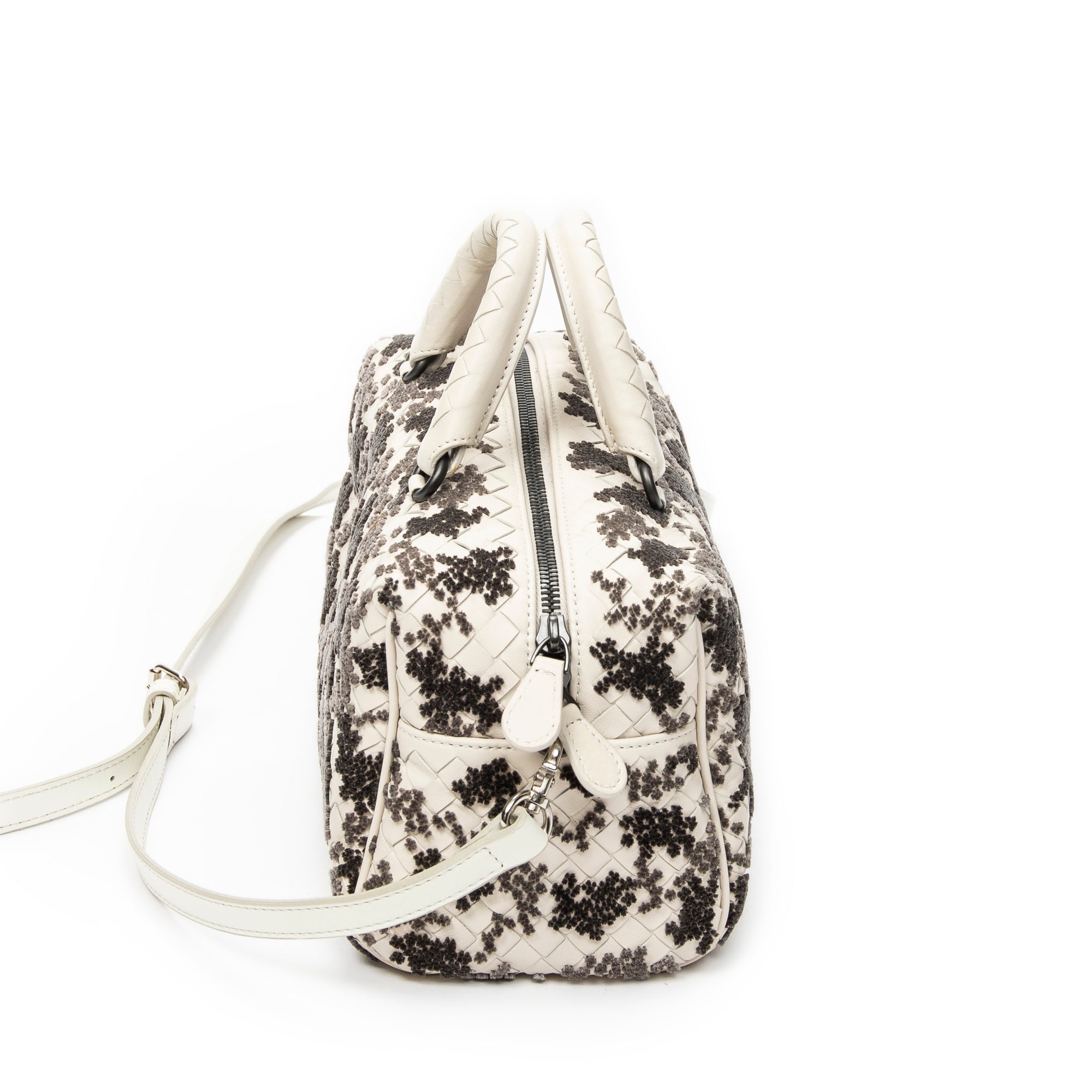 Handbag Velvet Bouquet Boston White Intrecciato Leather