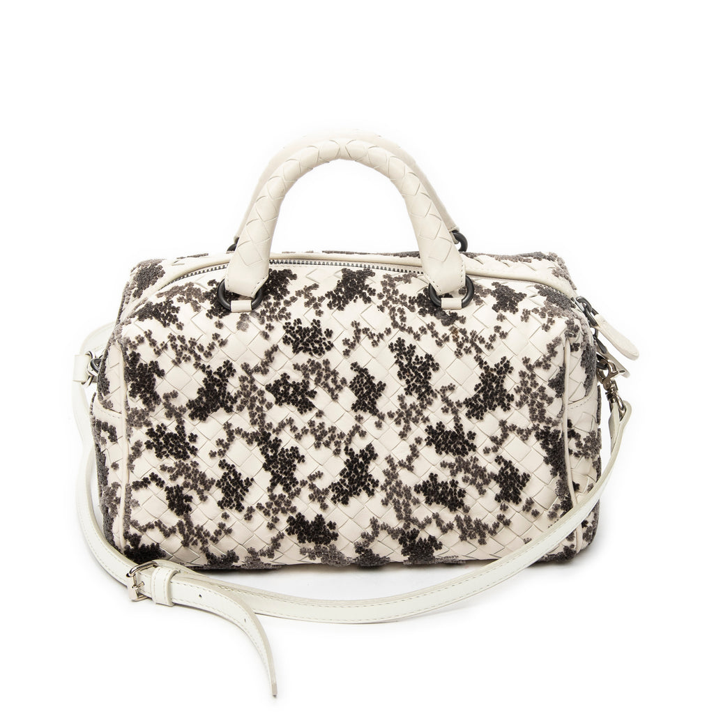 Handbag Velvet Bouquet Boston White Intrecciato Leather