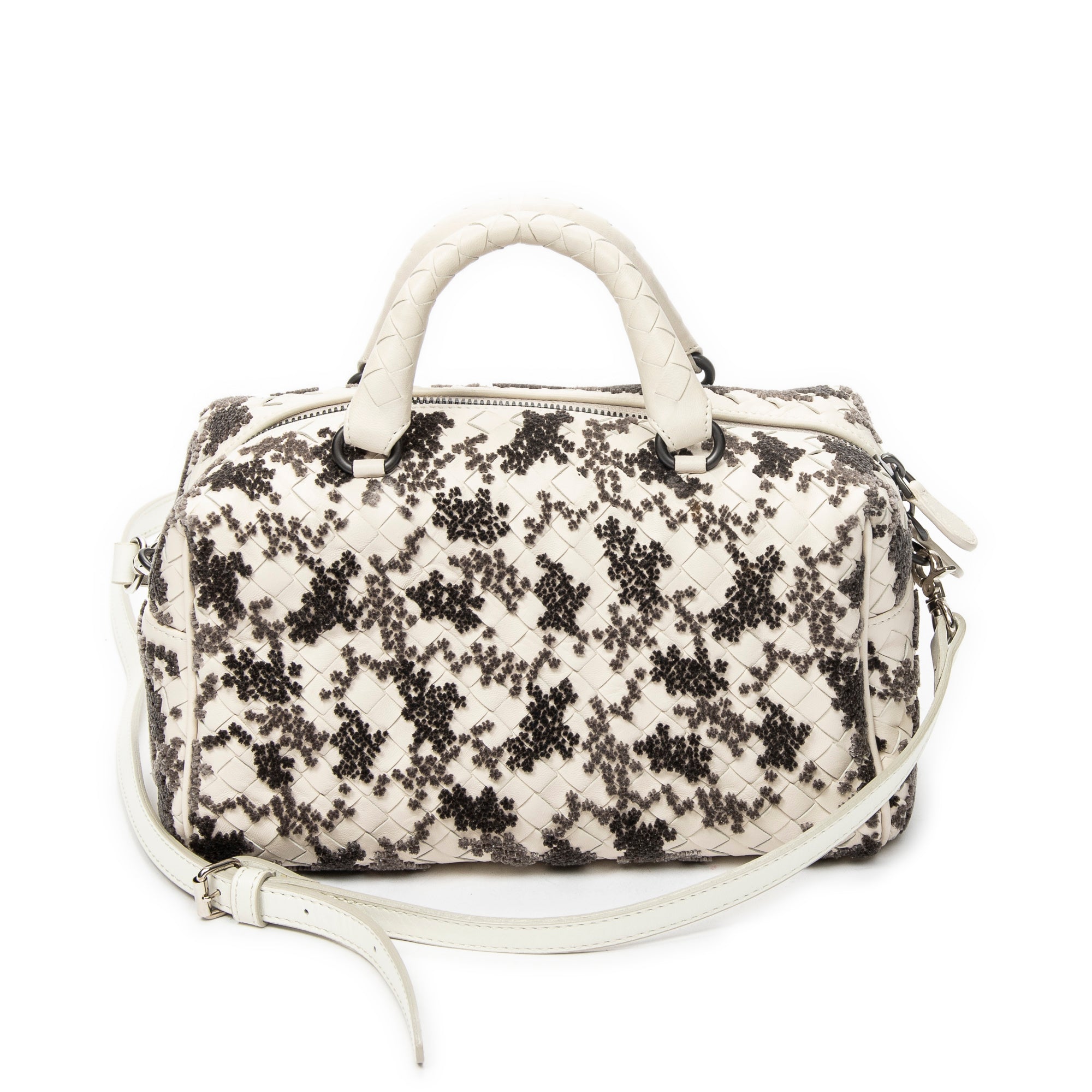 Handbag Velvet Bouquet Boston White Intrecciato Leather