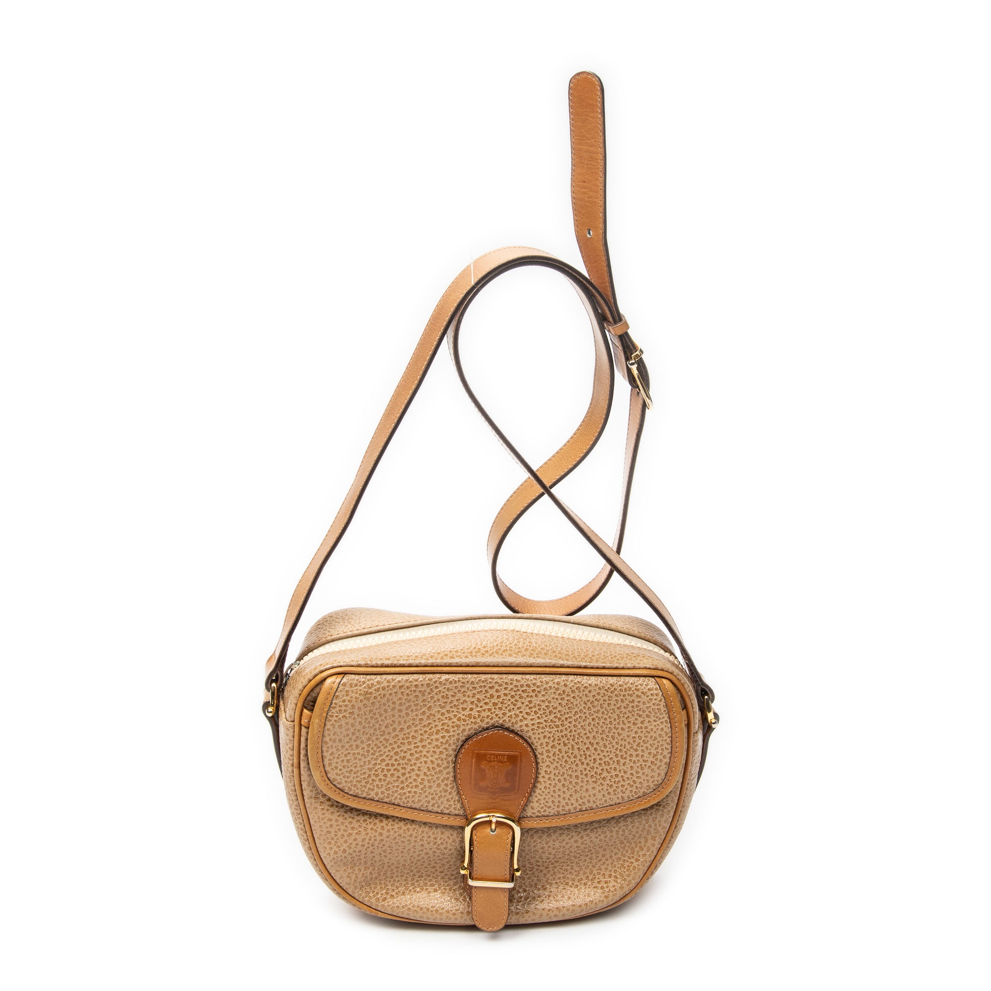 Shoulder Bag Vintage Buckle Flap Crossbody Tan Grained Calfskin Leather