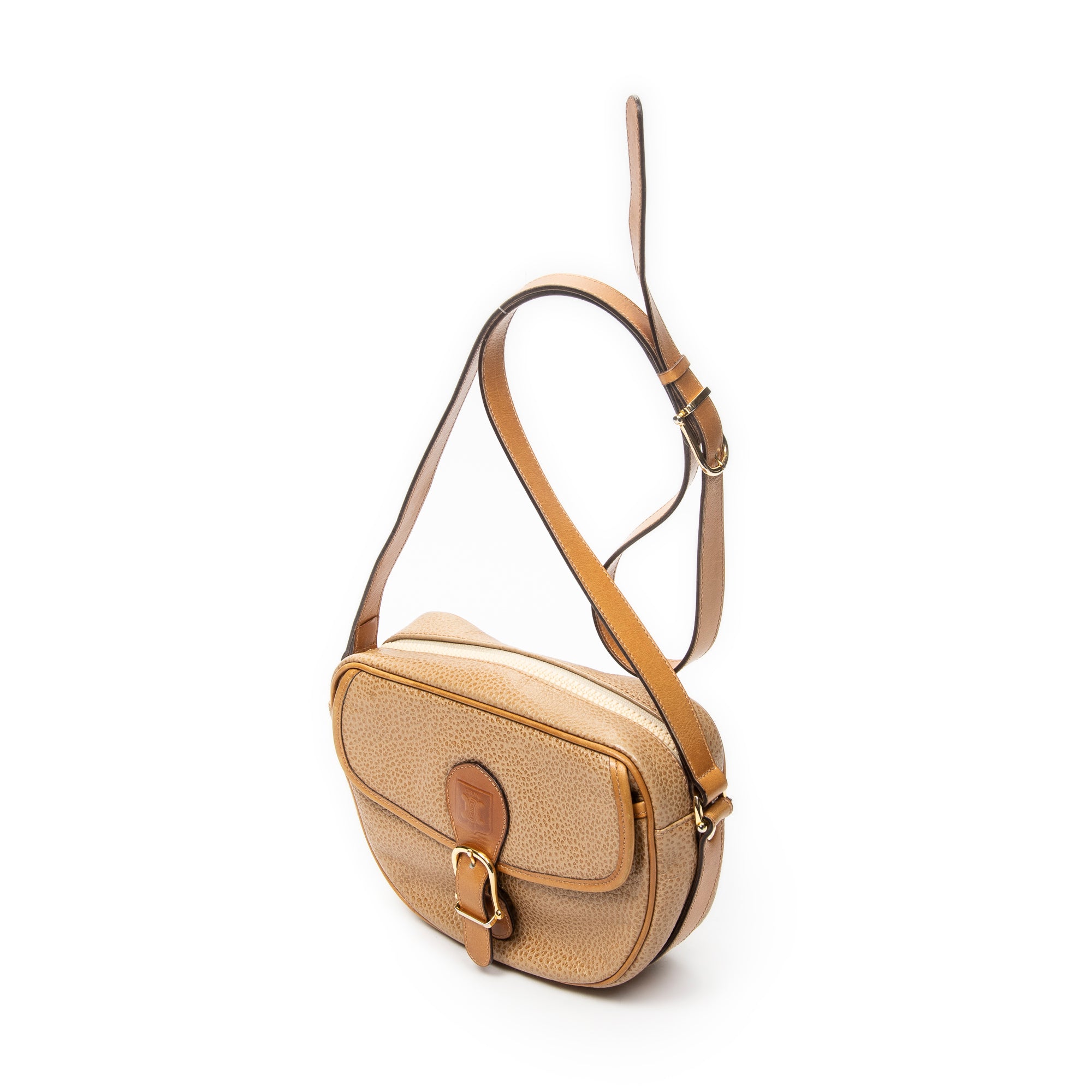 Shoulder Bag Vintage Buckle Flap Crossbody Tan Grained Calfskin Leather