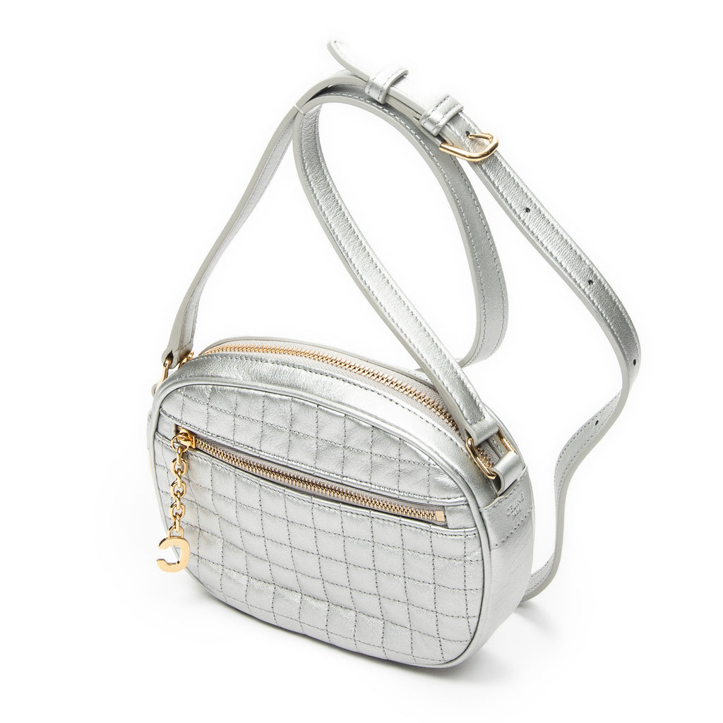 Shoulder Bag Mini C Charm Camera Bag Metallic Silver Quilted Calfskin Leather
