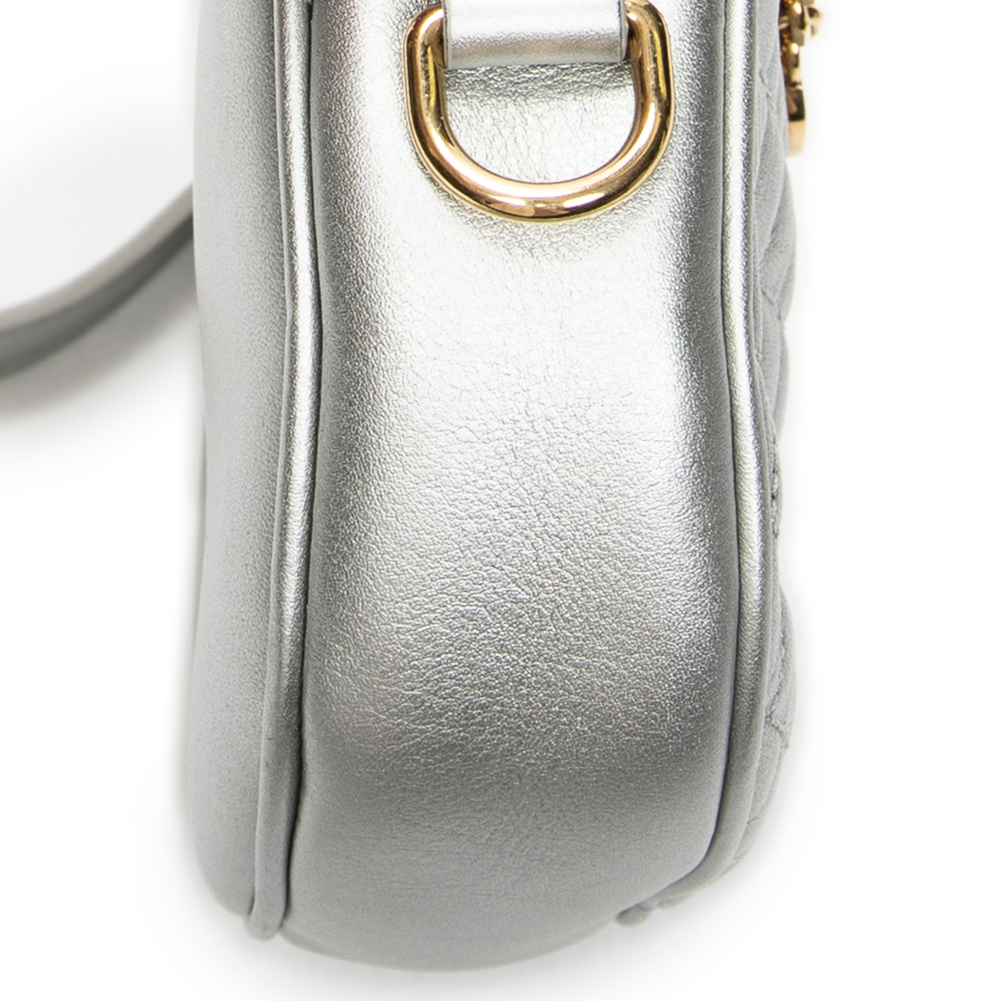 Shoulder Bag Mini C Charm Camera Bag Metallic Silver Quilted Calfskin Leather