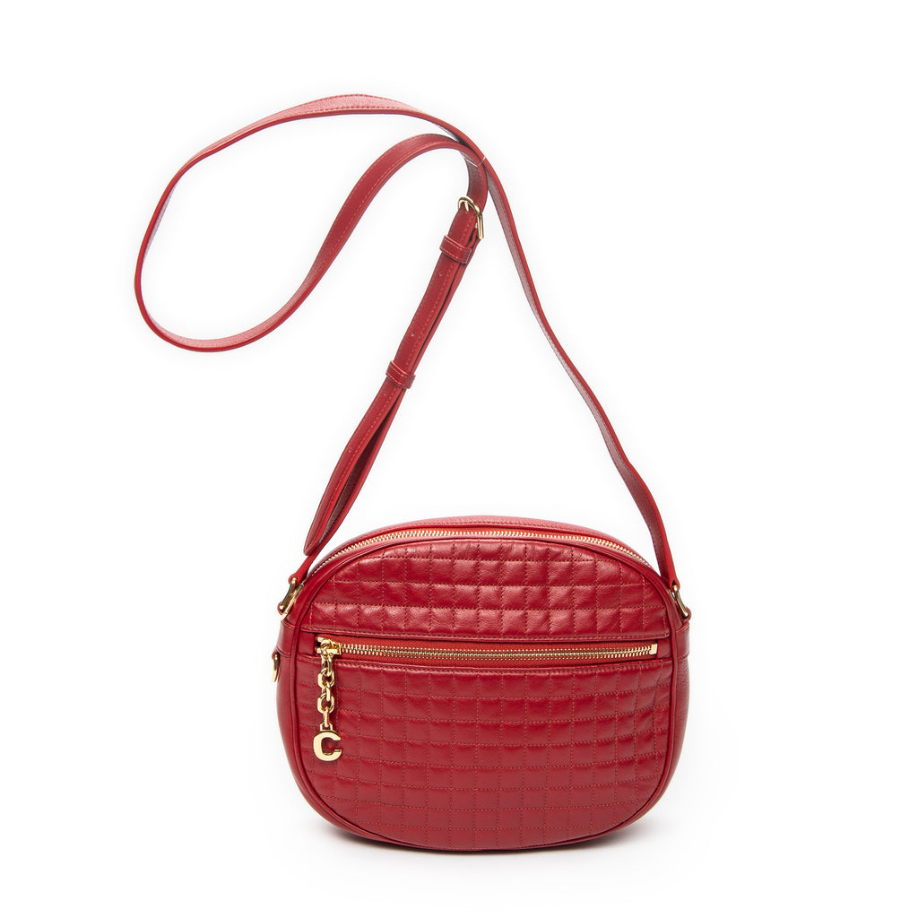 Shoulder Bag Small C Charm Camera Bag Red Quilted Calfskin Leather
