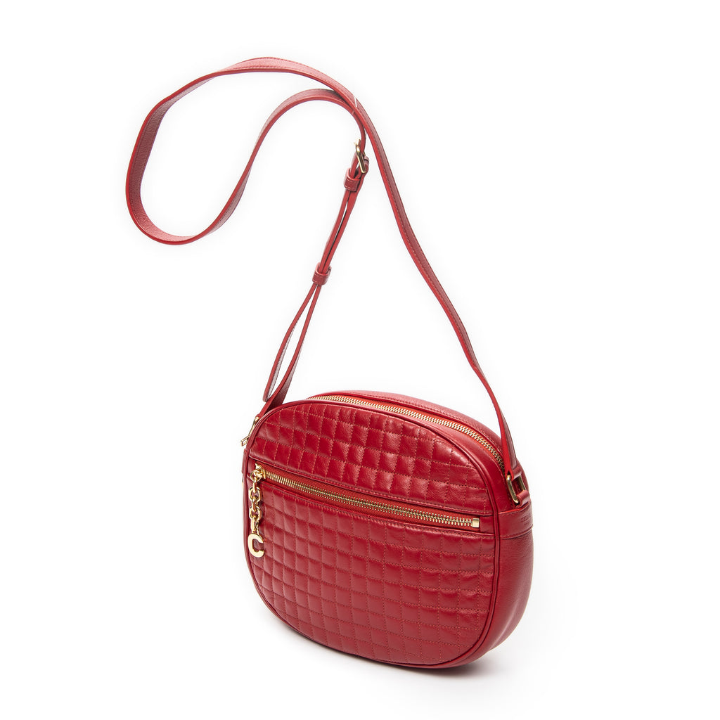 Shoulder Bag Small C Charm Camera Bag Red Quilted Calfskin Leather