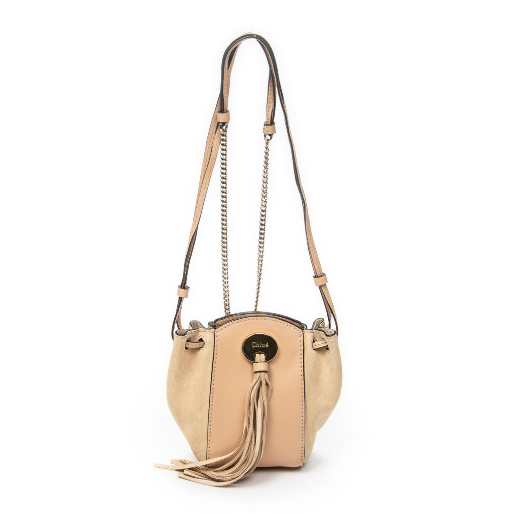 Shoulder Bag Mini Fringe Bucket Beige Calfskin Leather