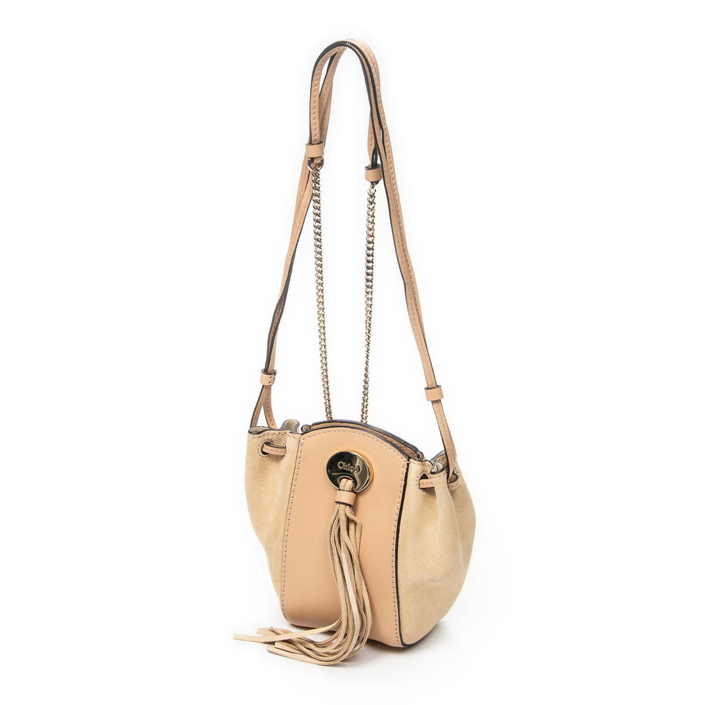 Shoulder Bag Mini Fringe Bucket Beige Calfskin Leather