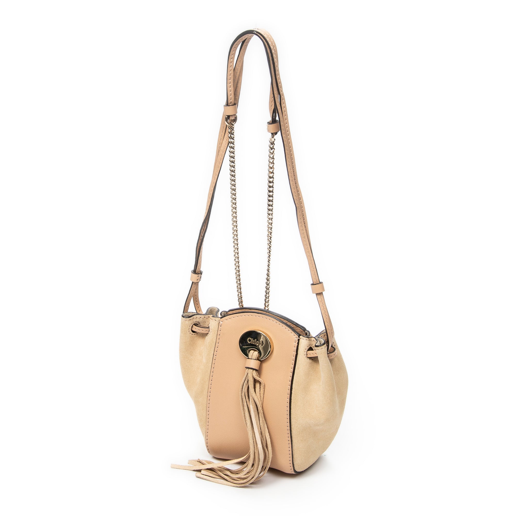 Shoulder Bag Mini Fringe Bucket Beige Calfskin Leather