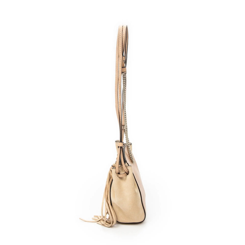 Bolso de Hombro Mini Cubo con Flecos Piel Becerro Beige