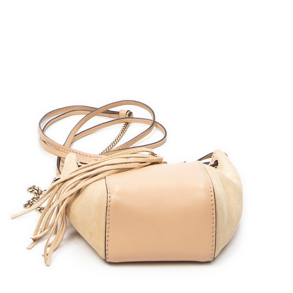 Shoulder Bag Mini Fringe Bucket Beige Calfskin Leather
