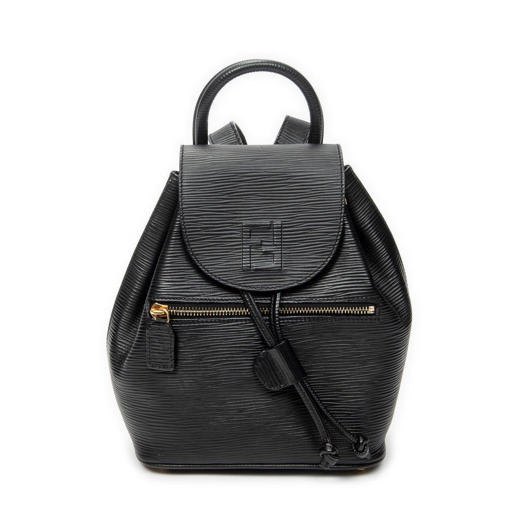 Backpack Vintage Flap Drawstring Backpack Black Grained Calfskin Leather