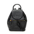 Backpack Vintage Flap Drawstring Backpack Black Grained Calfskin Leather