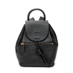Backpack Vintage Flap Drawstring Backpack Black Grained Calfskin Leather