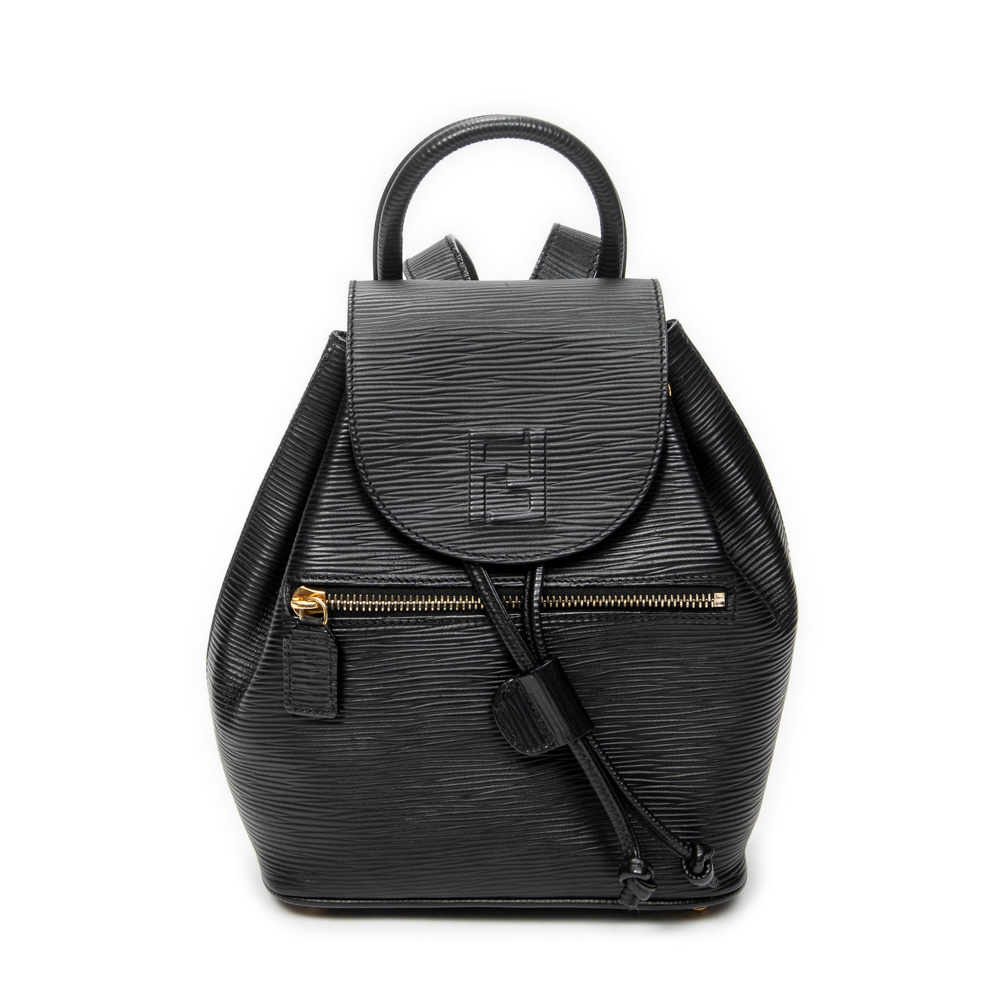 Backpack Vintage Flap Drawstring Backpack Black Grained Calfskin Leather