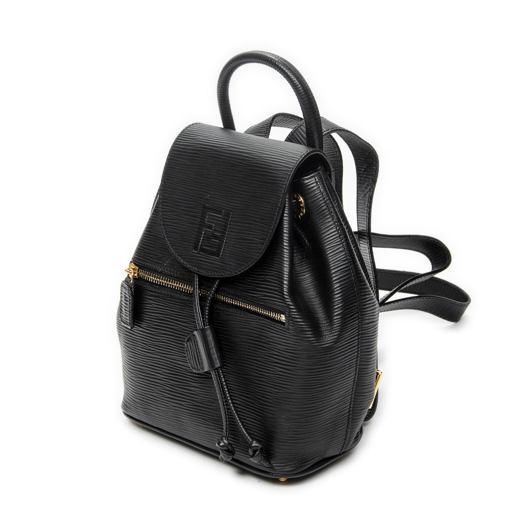 Backpack Vintage Flap Drawstring Backpack Black Grained Calfskin Leather