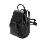 Backpack Vintage Flap Drawstring Backpack Black Grained Calfskin Leather