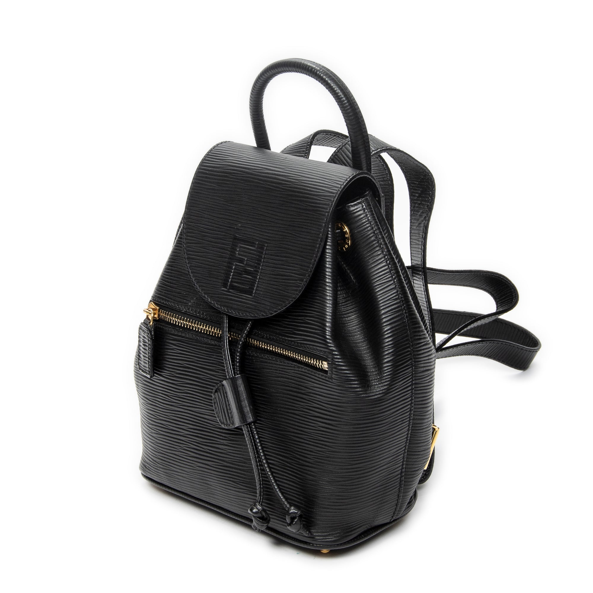 Backpack Vintage Flap Drawstring Backpack Black Grained Calfskin Leather