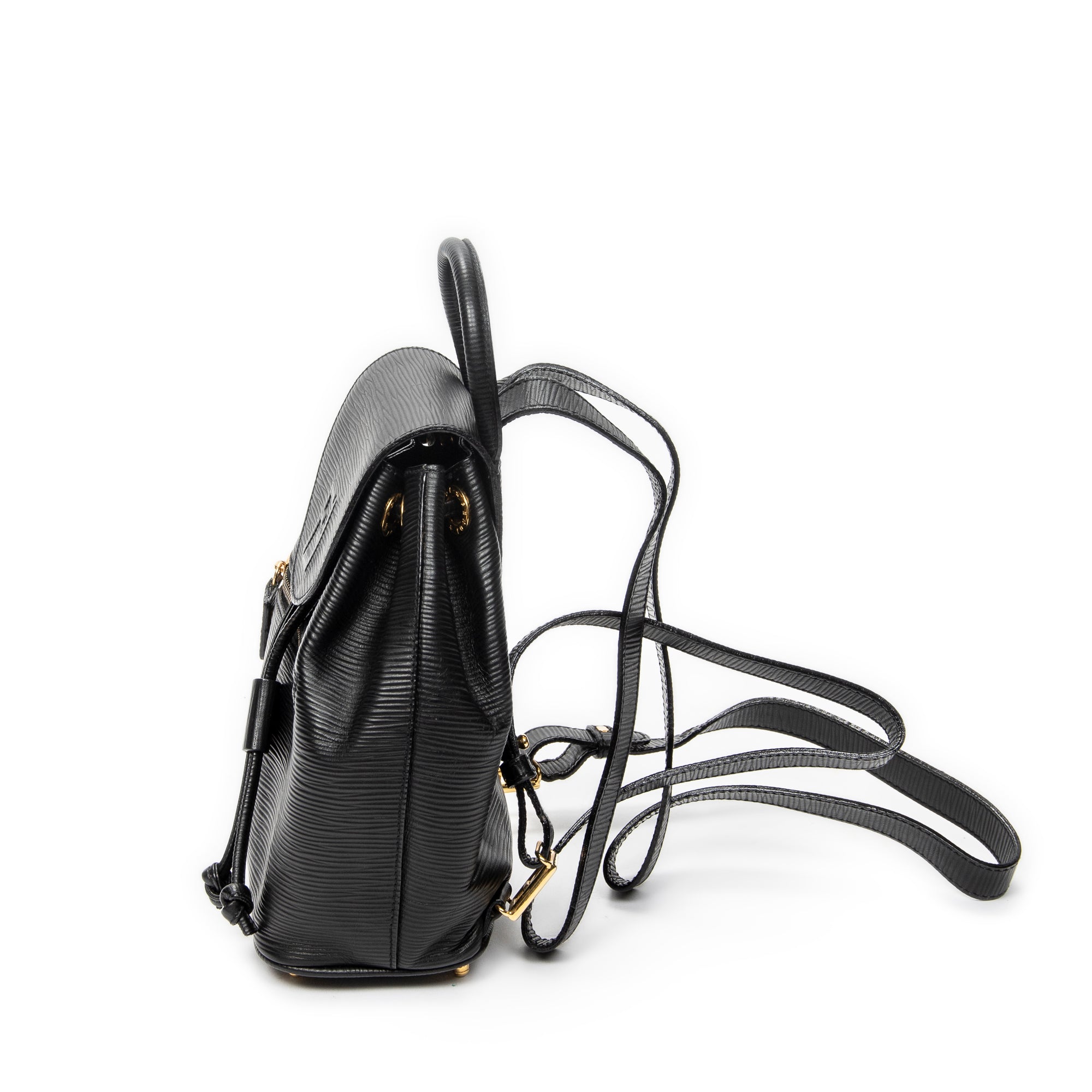 Backpack Vintage Flap Drawstring Backpack Black Grained Calfskin Leather