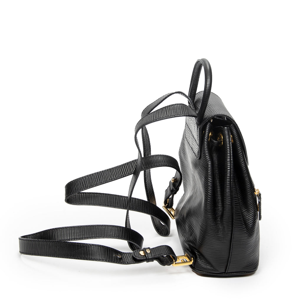Backpack Vintage Flap Drawstring Backpack Black Grained Calfskin Leather