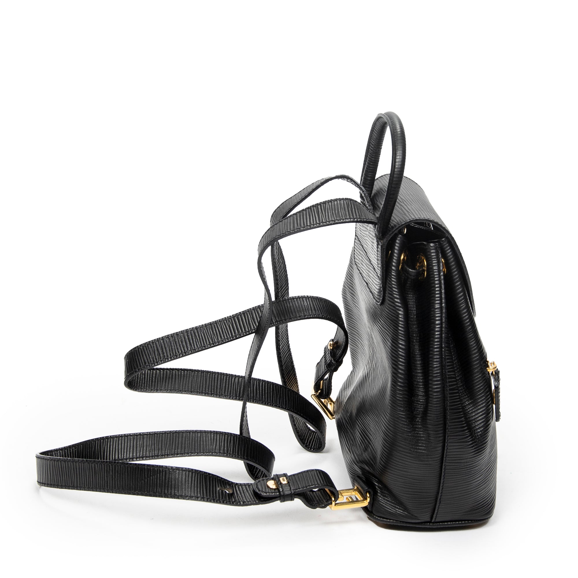 Backpack Vintage Flap Drawstring Backpack Black Grained Calfskin Leather