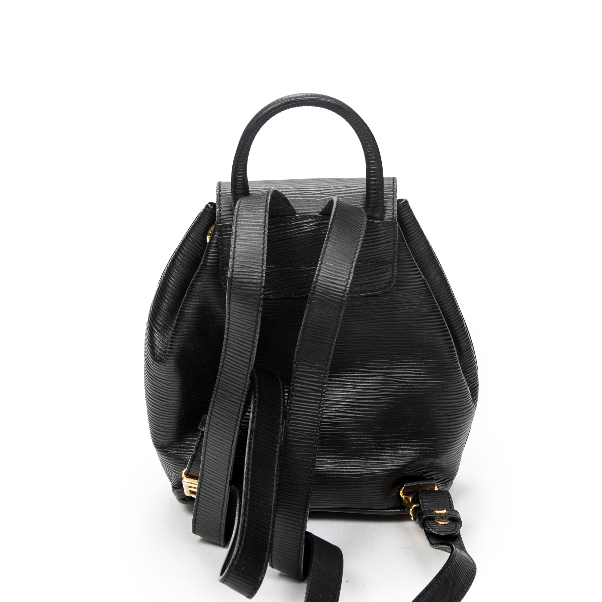 Backpack Vintage Flap Drawstring Backpack Black Grained Calfskin Leather
