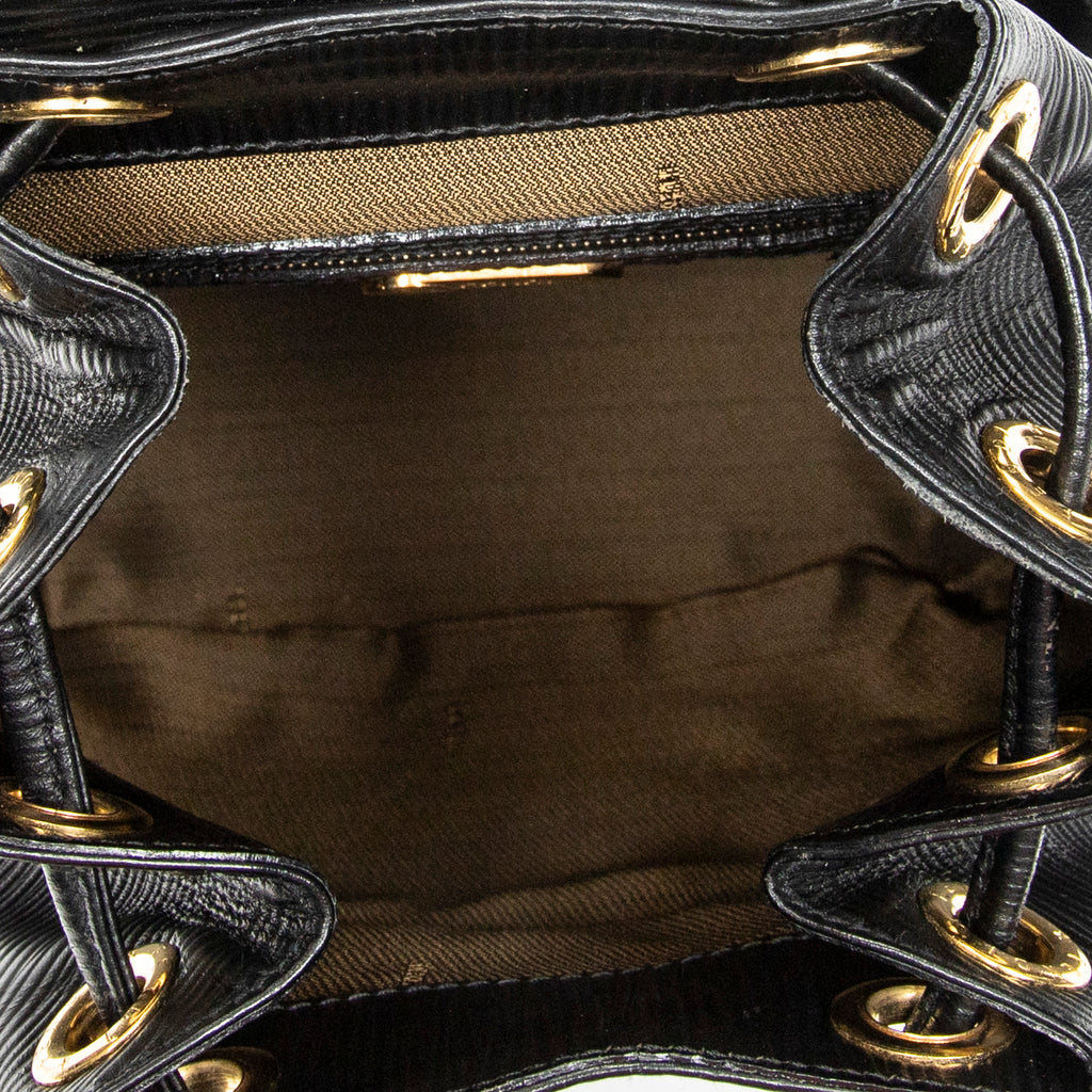 Backpack Vintage Flap Drawstring Backpack Black Grained Calfskin Leather