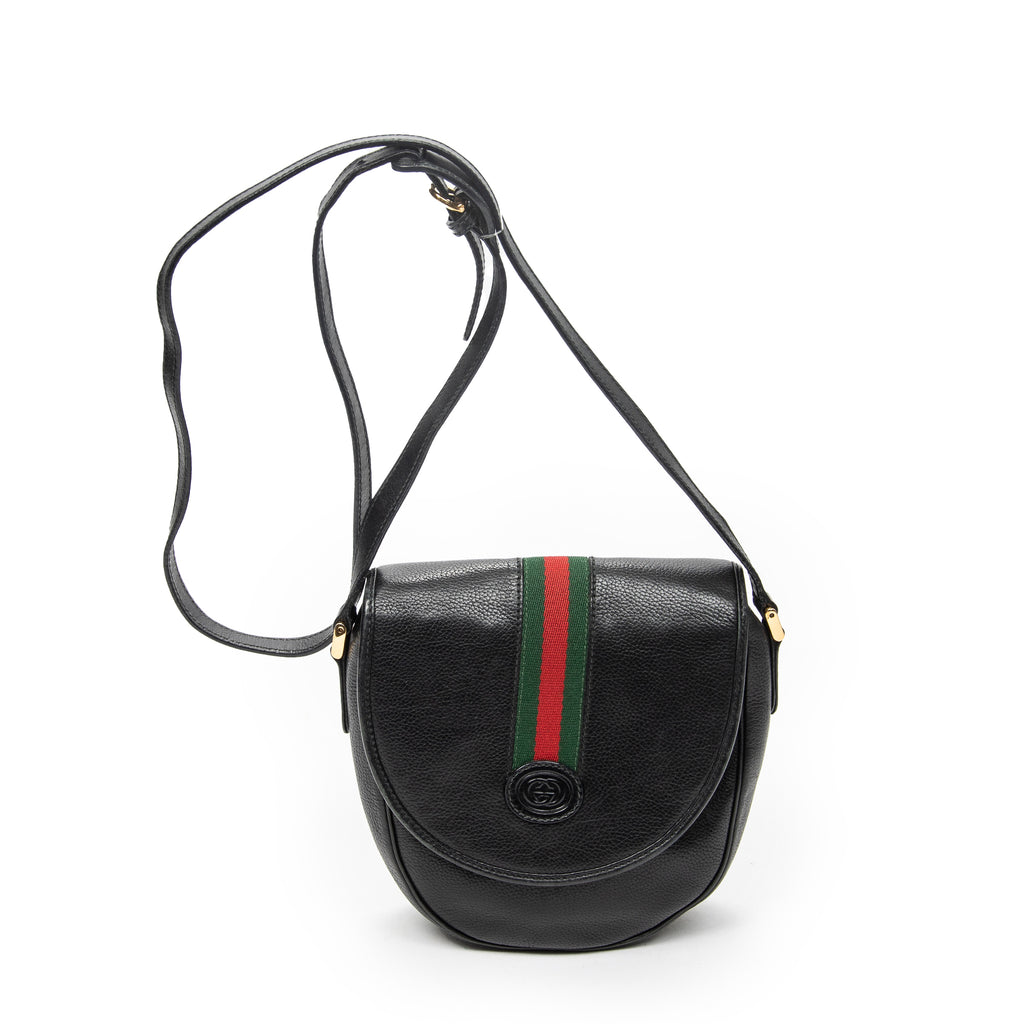 Shoulder Bag Vintage Web Flap Crossbody Black Grained Calfskin Leather
