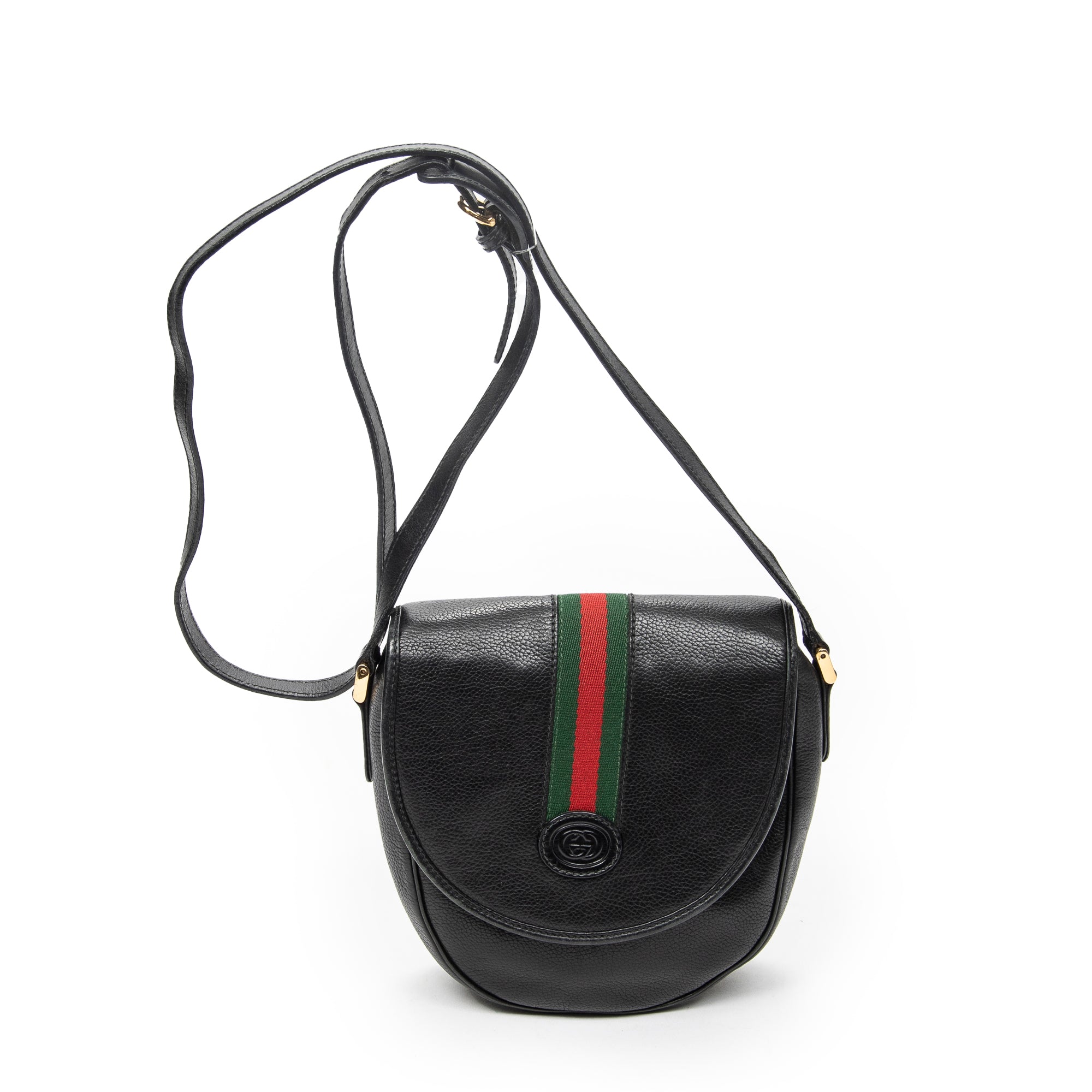 Shoulder Bag Vintage Web Flap Crossbody Black Grained Calfskin Leather