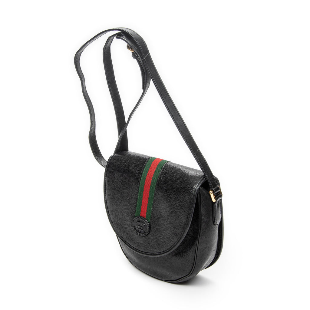 Shoulder Bag Vintage Web Flap Crossbody Black Grained Calfskin Leather
