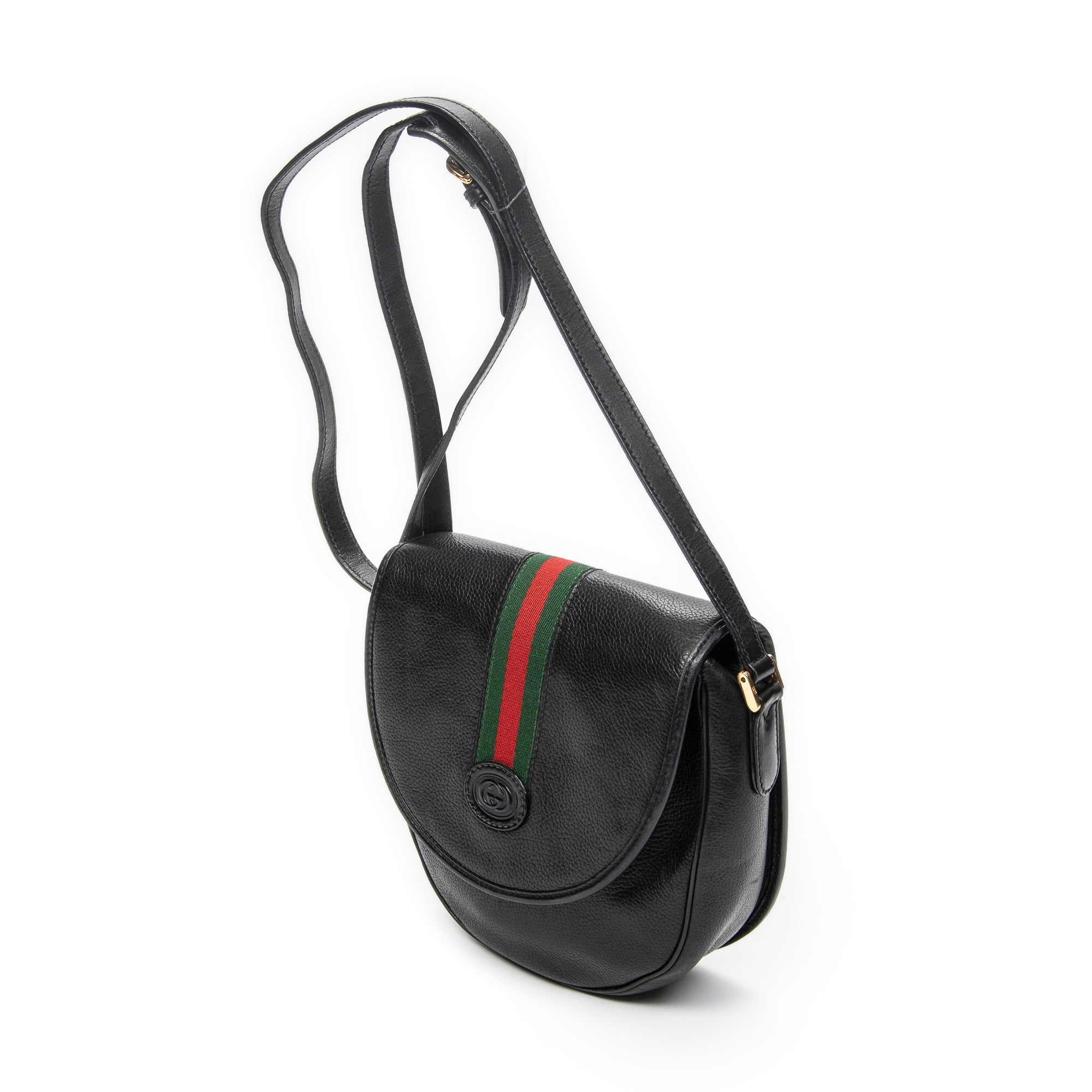 Shoulder Bag Vintage Web Flap Crossbody Black Grained Calfskin Leather