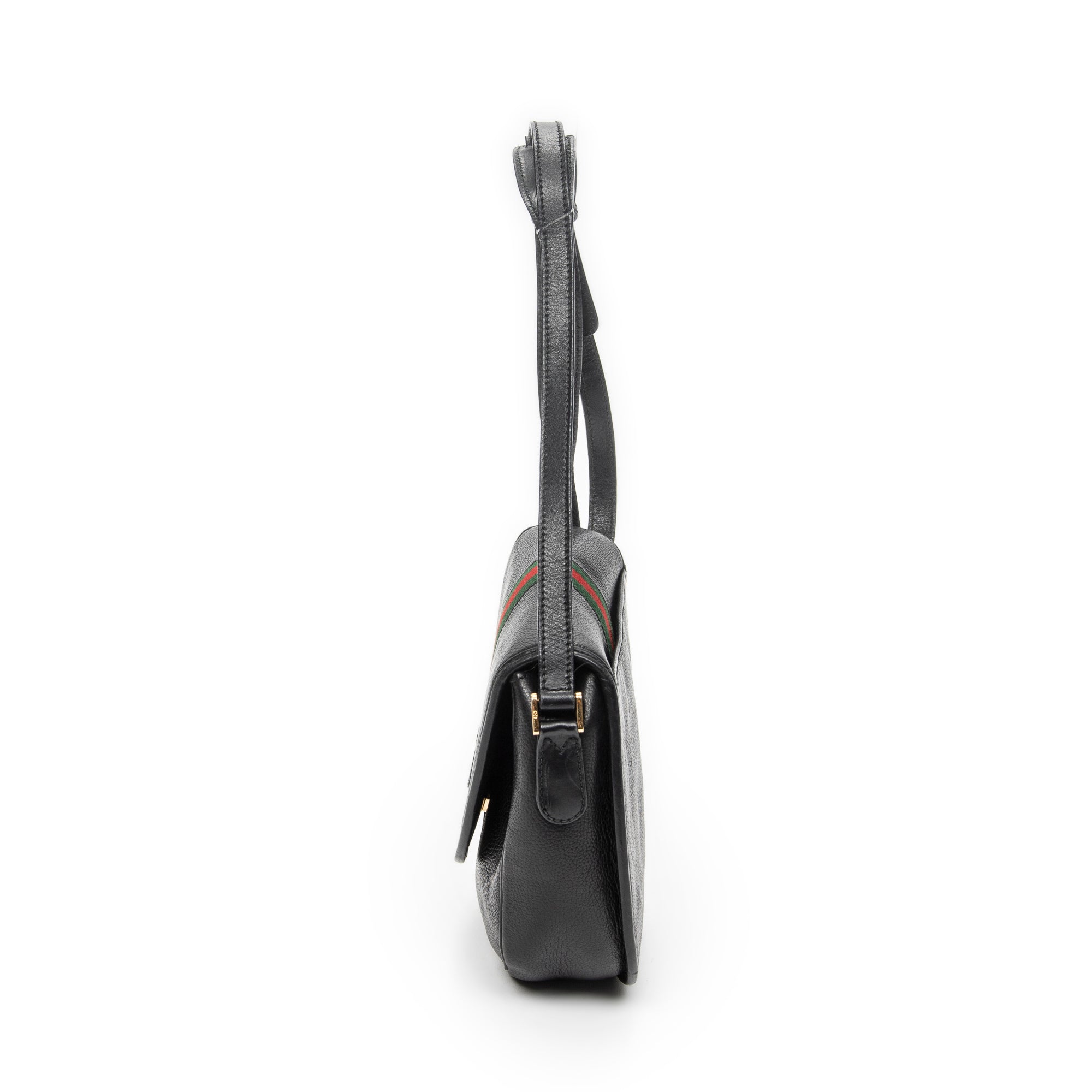 Shoulder Bag Vintage Web Flap Crossbody Black Grained Calfskin Leather