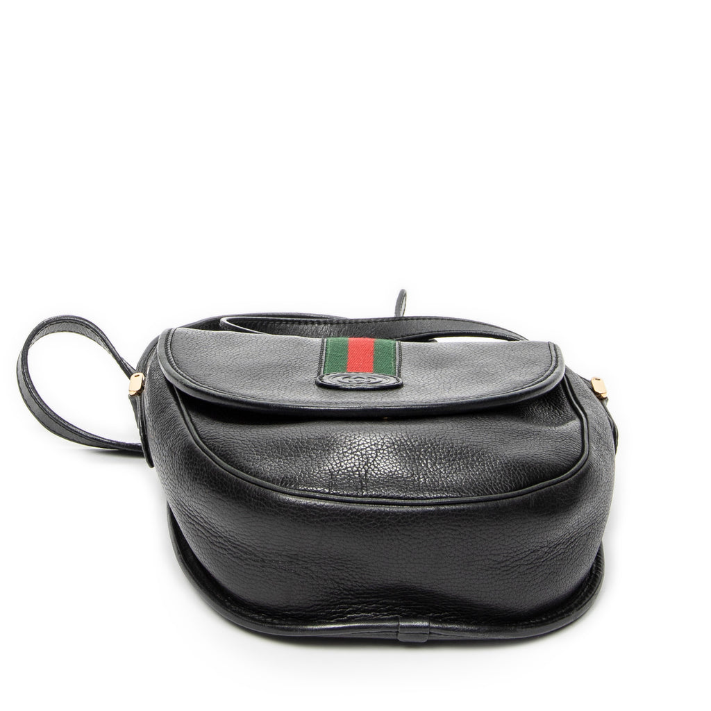 Shoulder Bag Vintage Web Flap Crossbody Black Grained Calfskin Leather