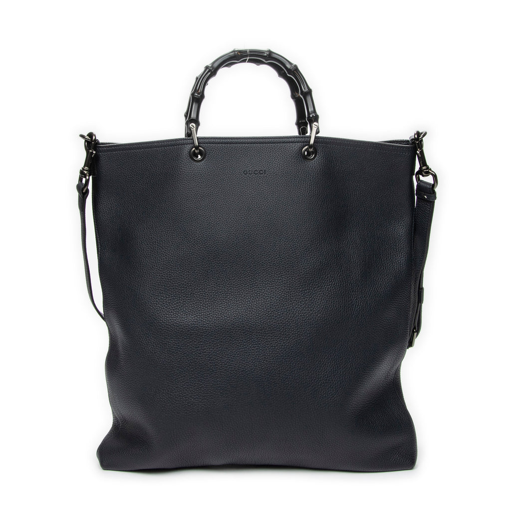 Shoulder Bag Large Bamboo Vertical Tote Navy Grained Calfskin Leather